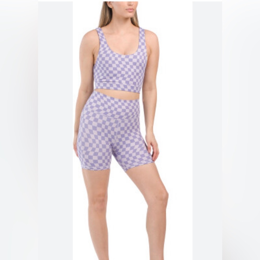 BNWT Wilo The Label Wave Checkered 2 Pc Sports Bra & Short Set. Size S. Lilac.